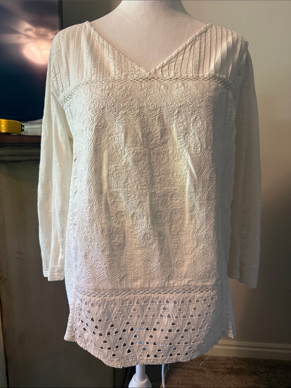 Lucky Brand Cream Embroidered V-Neck Tunic